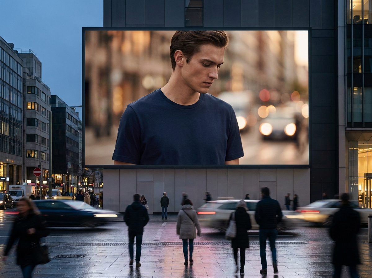 Campaña en vía pública: el producto en una pantalla urbana al atardecer