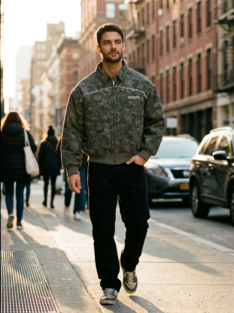 Modelo con la campera Core Bomber en la calle