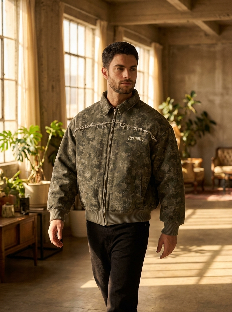 Modelo caminando con la campera Core Bomber