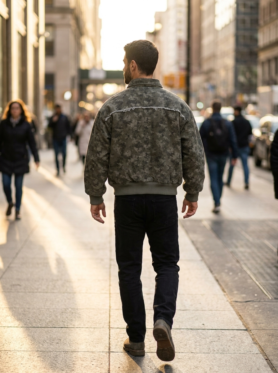 Modelo de espalda con la campera Core Bomber en la calle