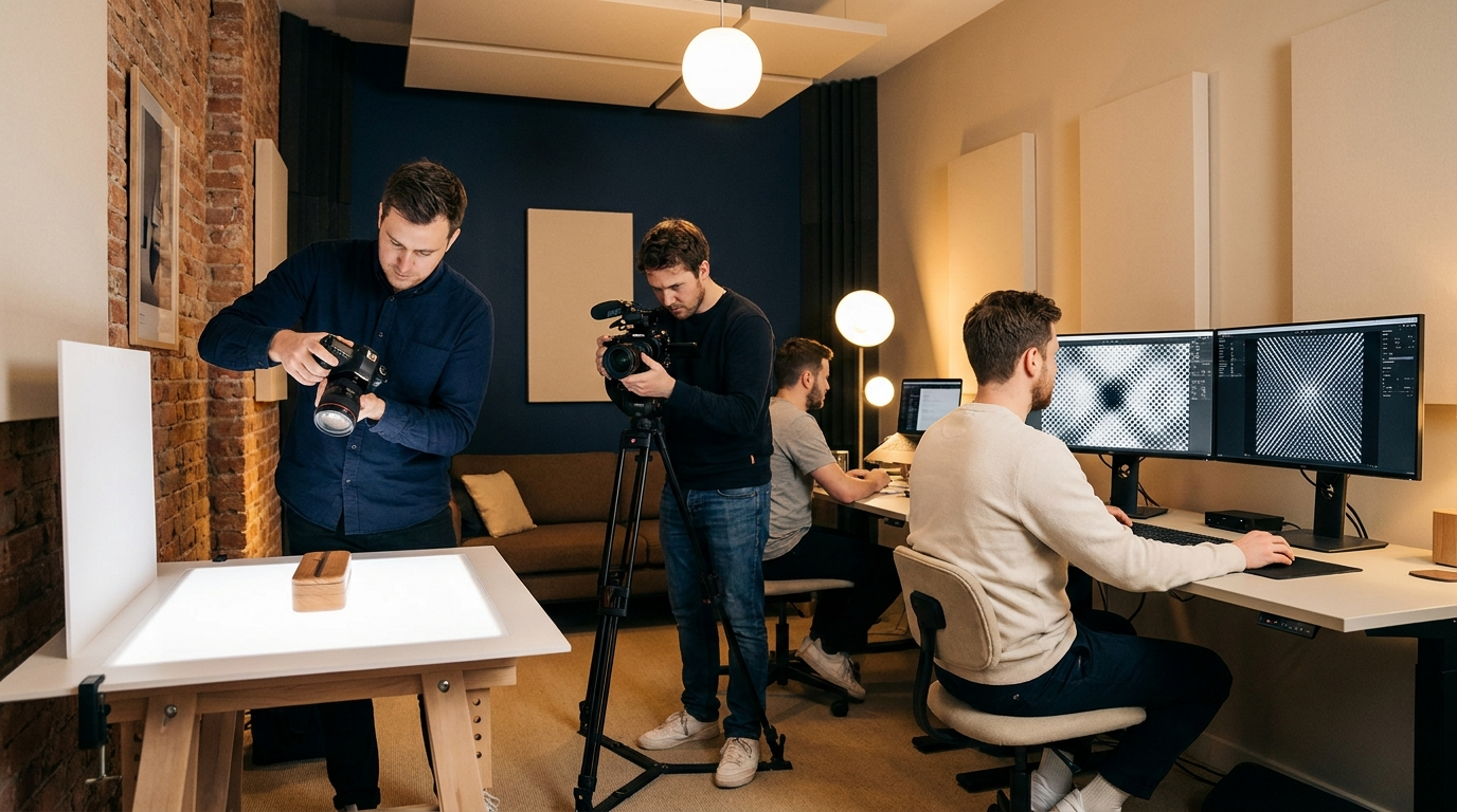 El equipo de producción de la Fábrica trabajando: fotógrafo, camarógrafo y editor