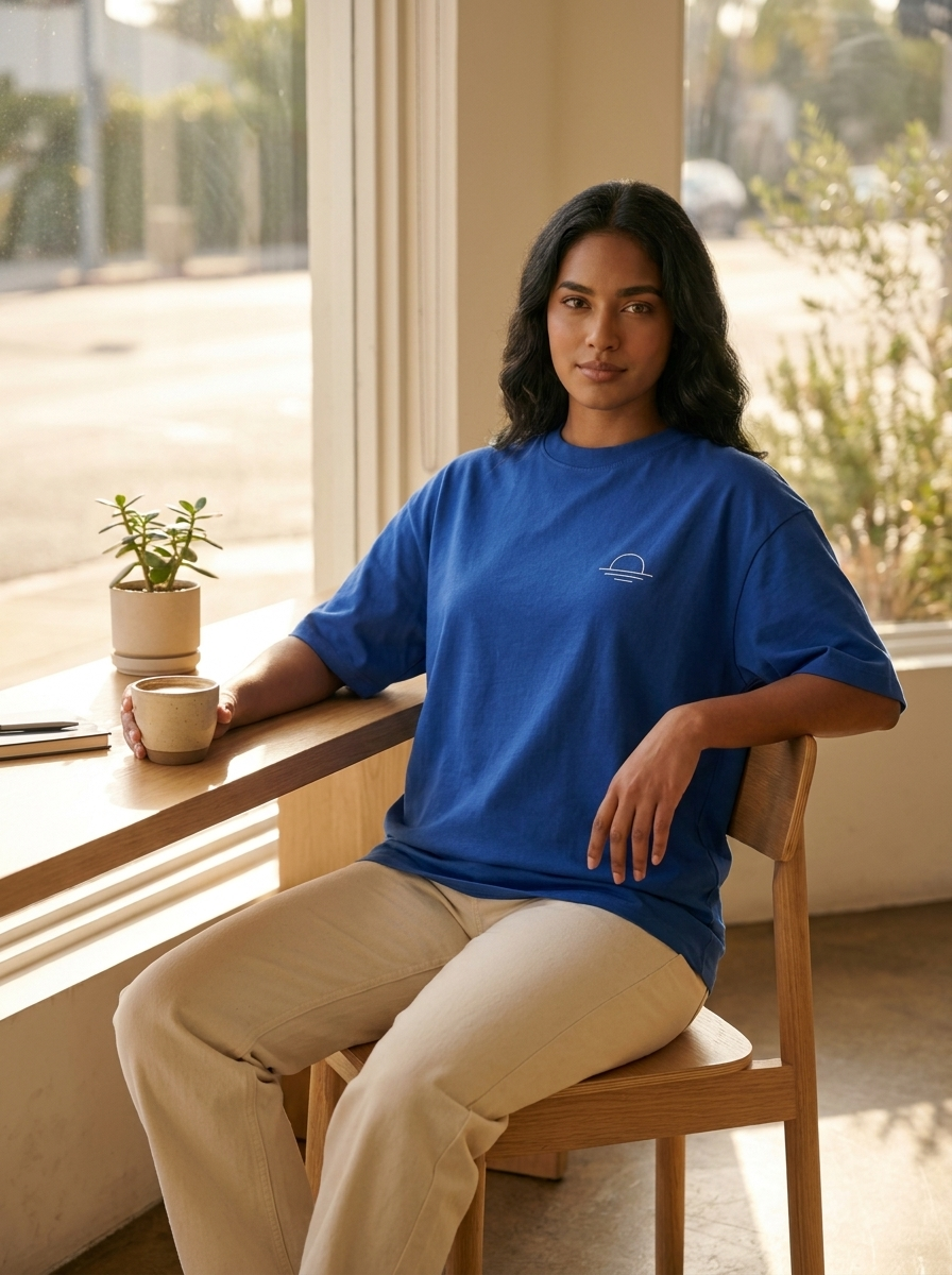Modelo con la remera Cumbre sentada en un café con luz de mañana