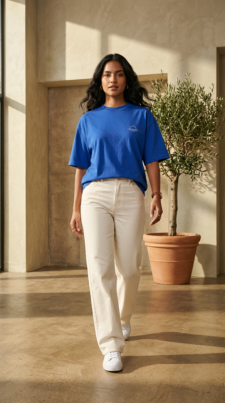 Modelo caminando con la remera Cumbre en un interior cálido