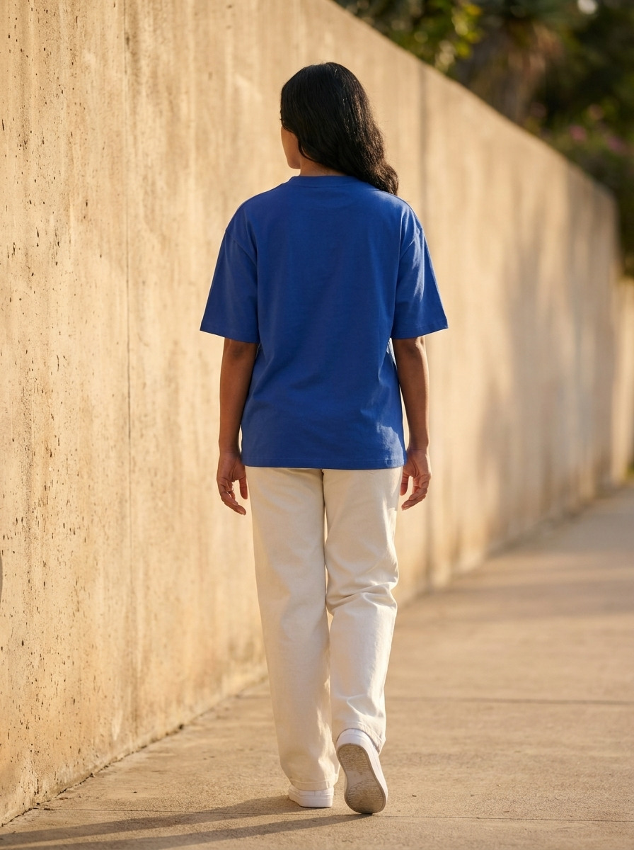 Modelo de espalda con la remera Cumbre caminando en la calle