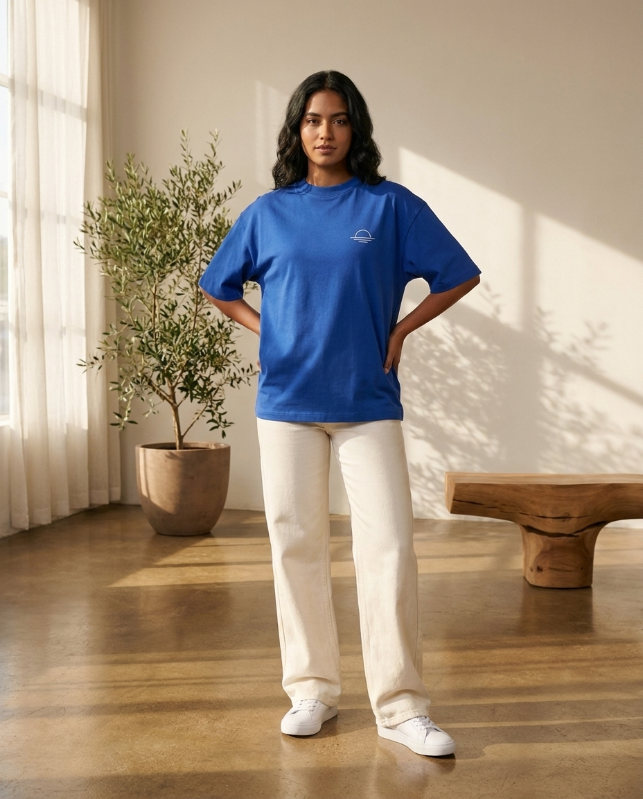 Modelo con la remera Cumbre en un interior con luz natural