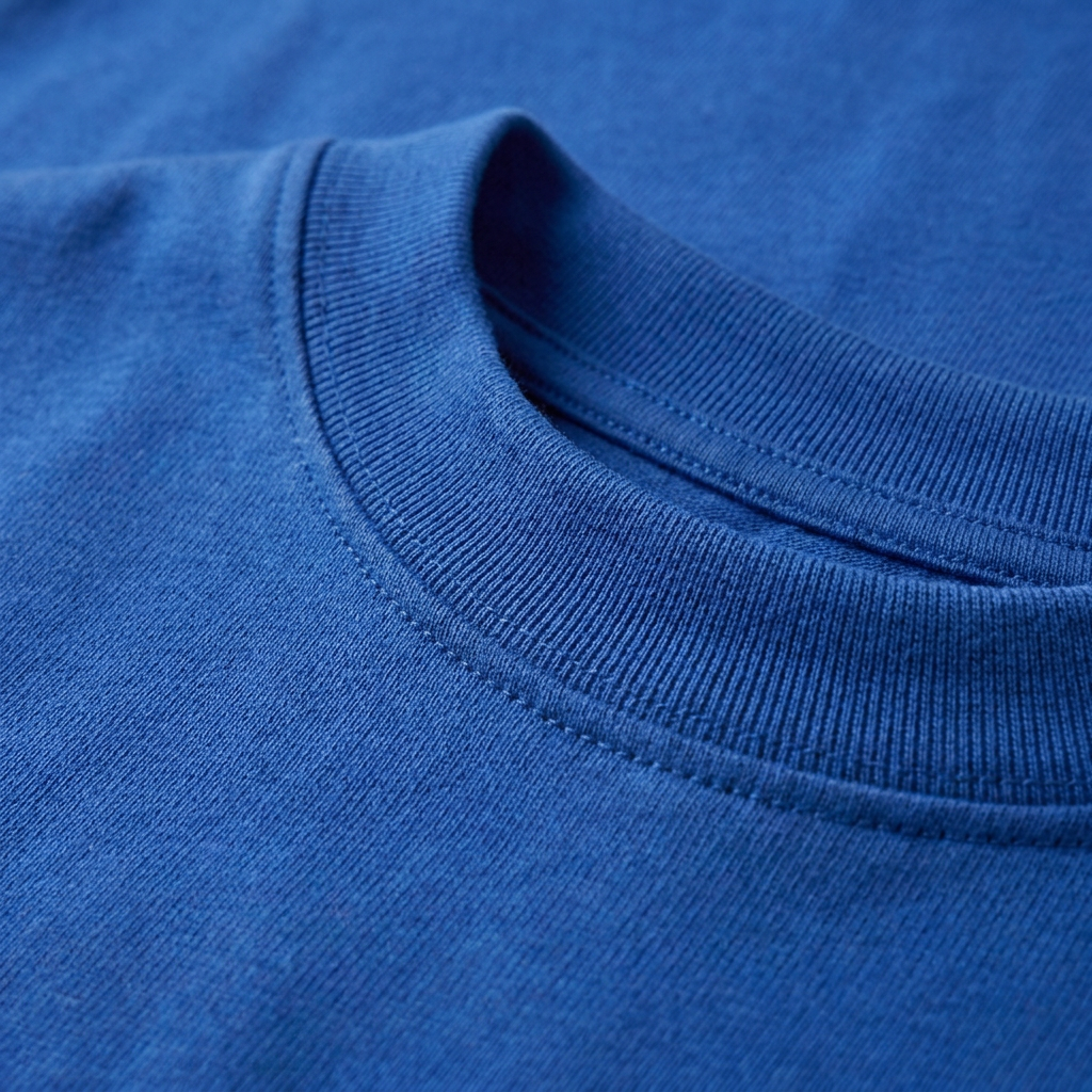 Detalle macro del cuello y la tela de la remera Cumbre