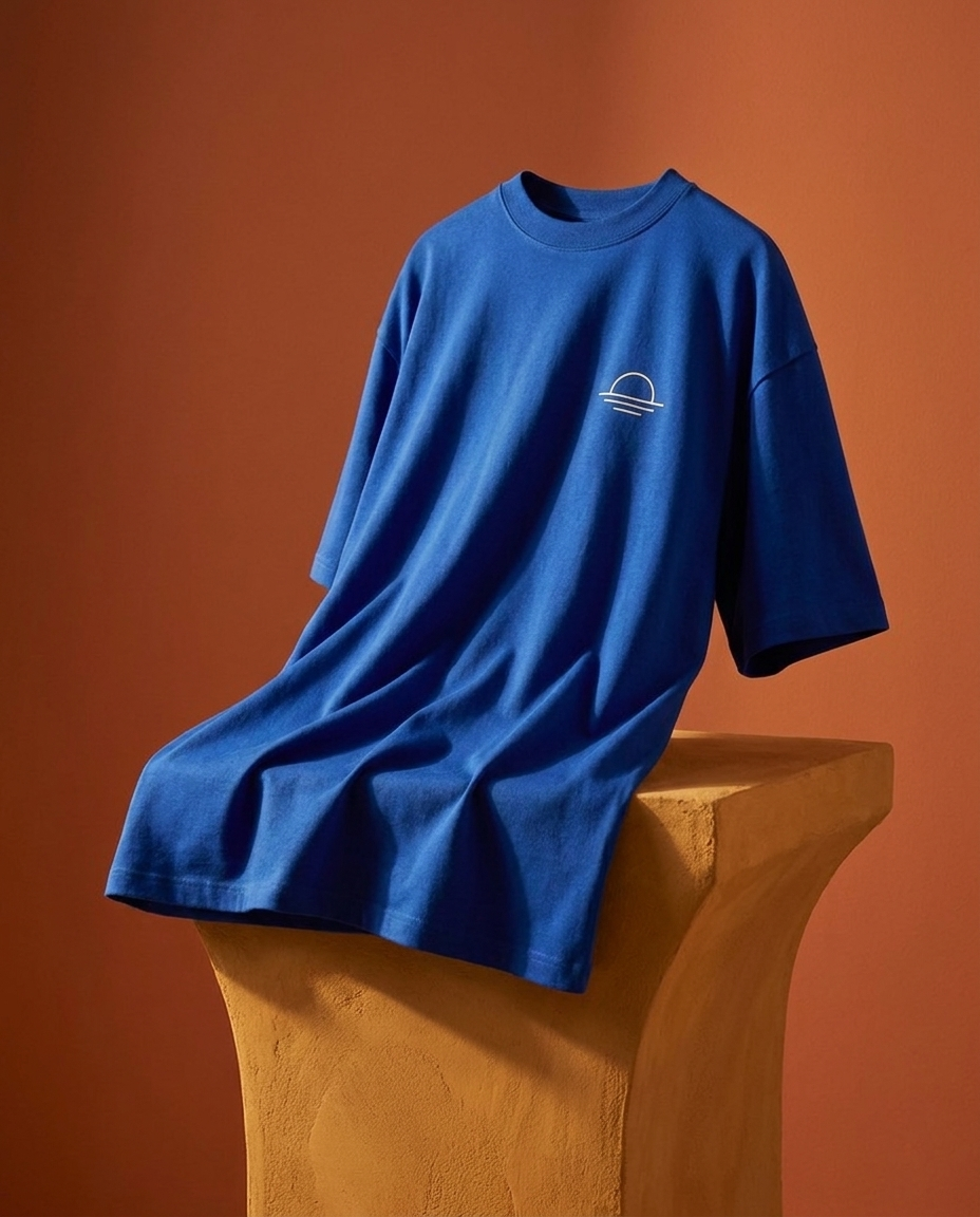 Remera Cumbre en composición editorial sobre pedestal terracota