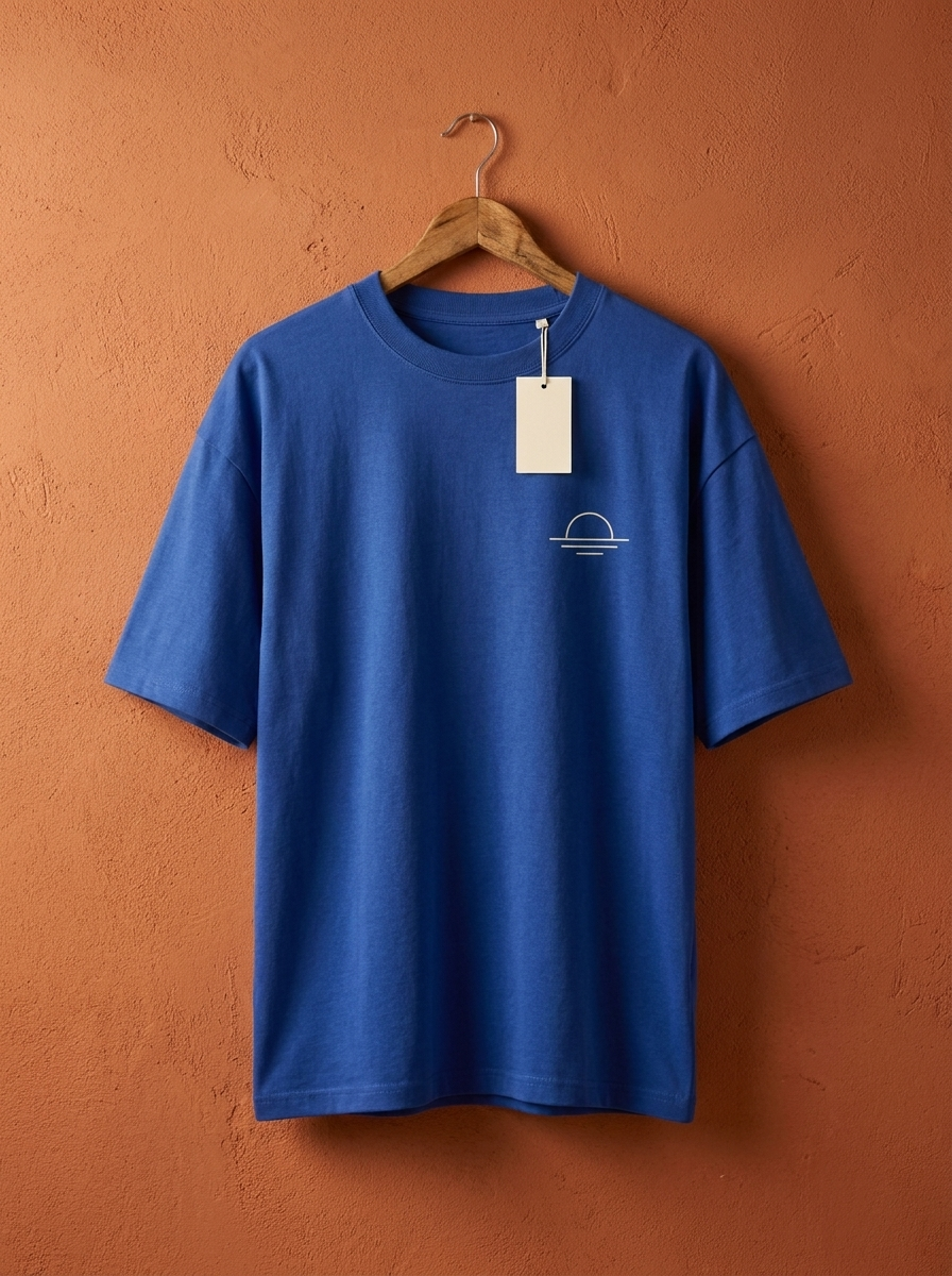 Remera Cumbre en percha de madera sobre pared terracota