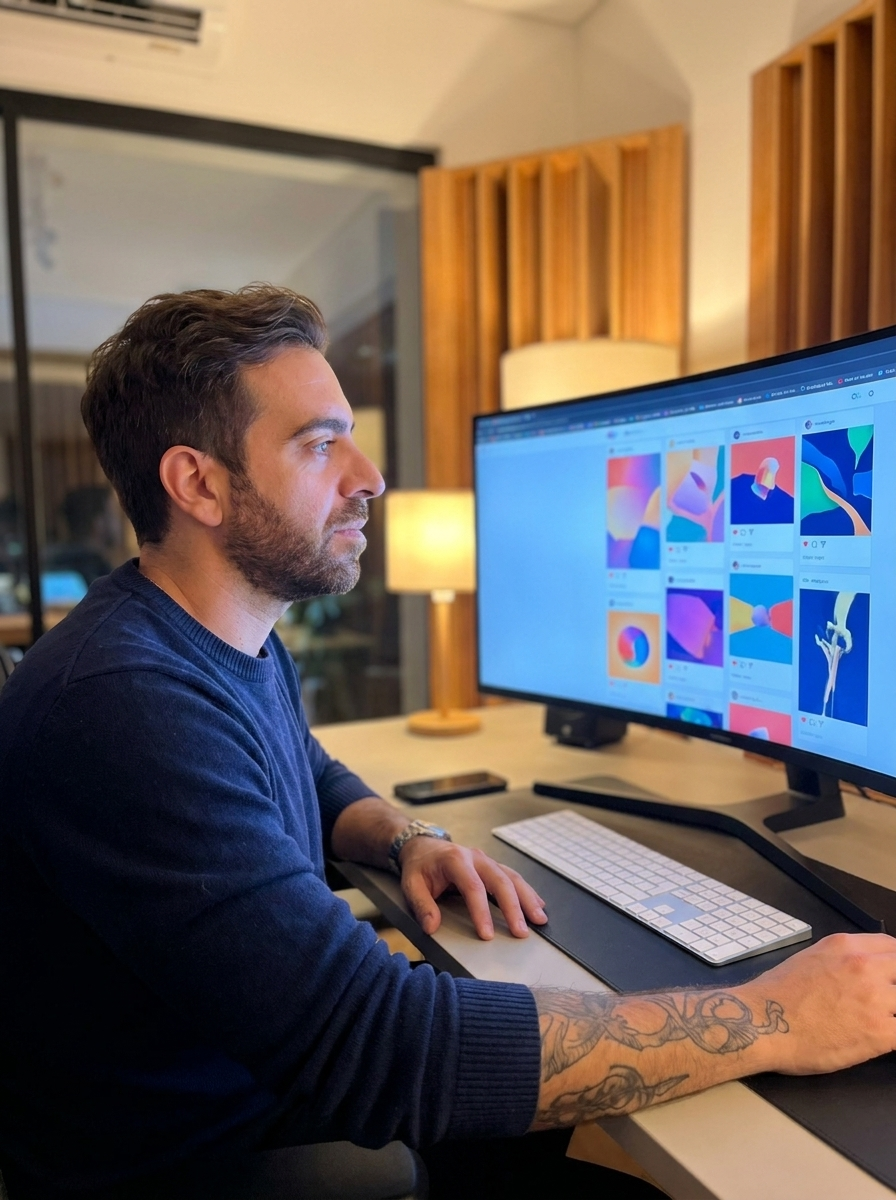 Yair revisando una grilla de contenido terminado en el monitor